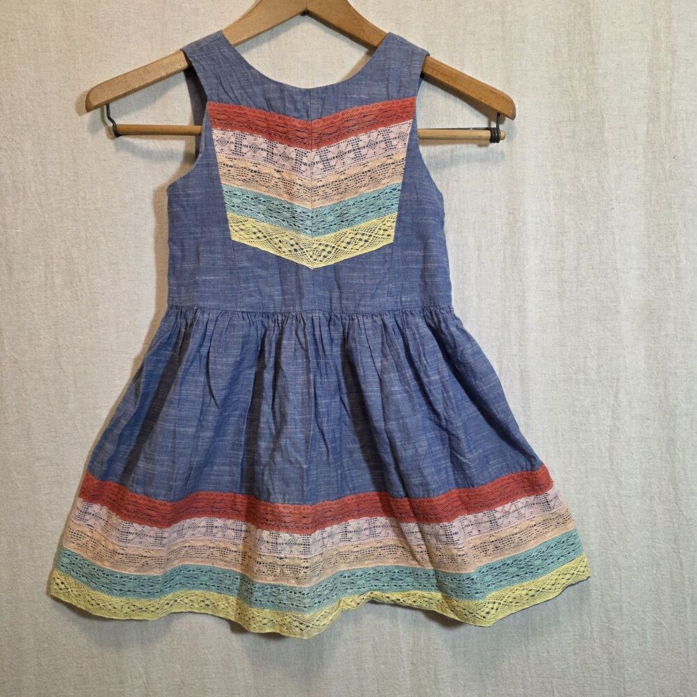 Aphorism Girls Size 5 Blue Chambray Cotton Lace Dress Sweet Anthropologie